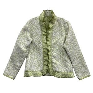 Trimdin Women's Quilted Ruffle Jacket Lightweight Open Front Spring Green Size M